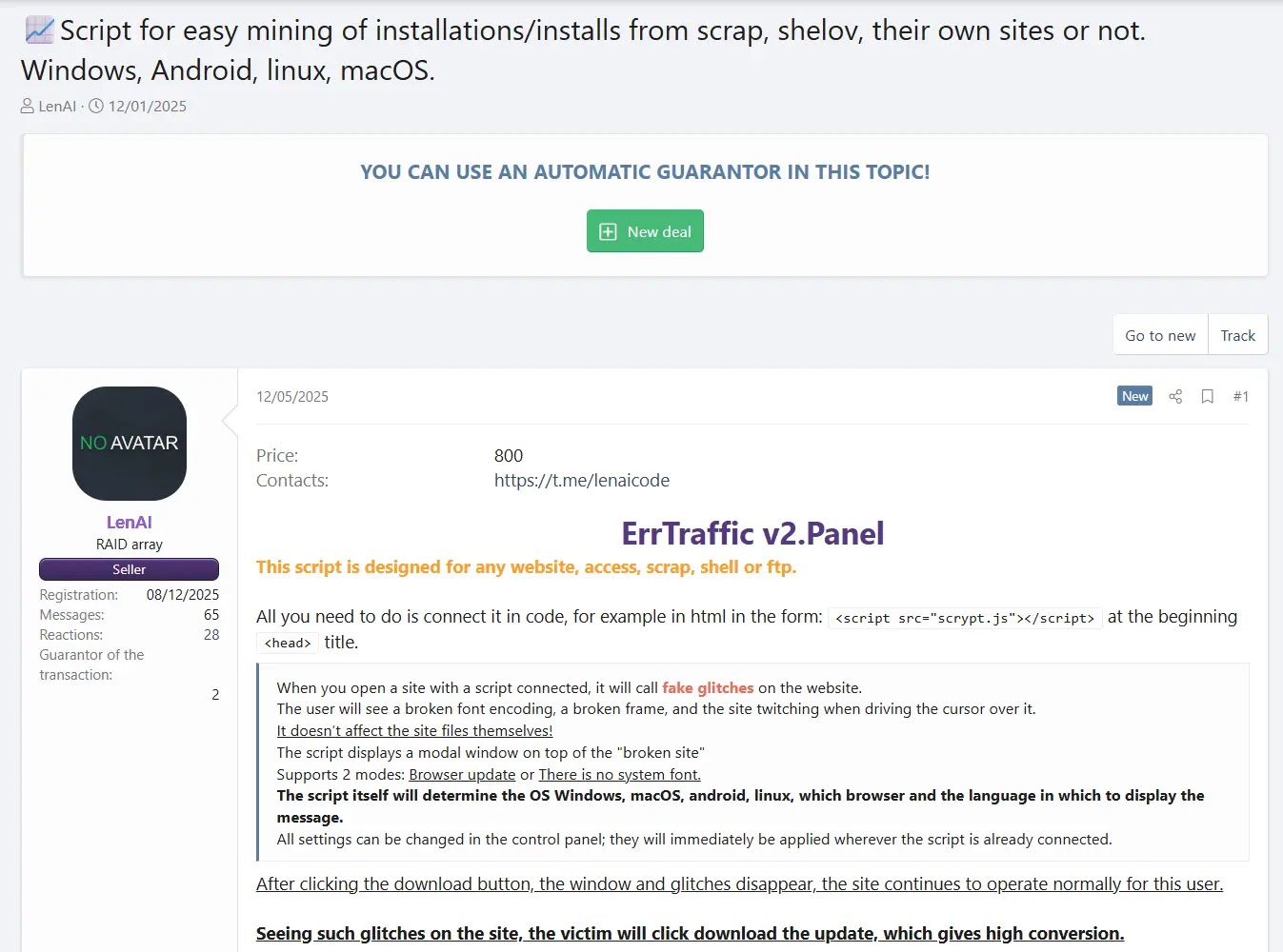 The forum post by threat actor ‘LenAI’ advertising the ErrTraffic v2 Panel (Source - Infostealers)