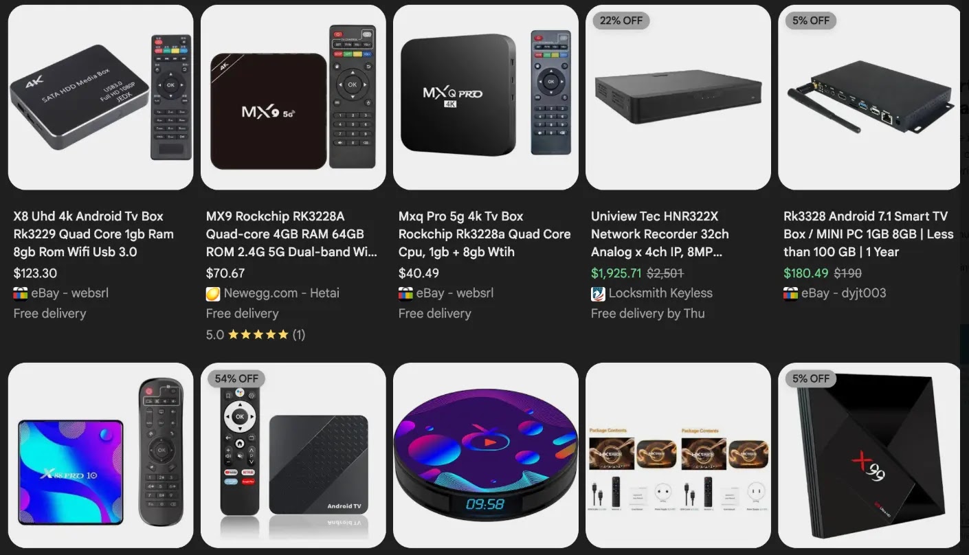 Some of the unsanctioned Android TV boxes that come with residential proxy malware pre-installed (Source - KrebsOnSecurity)