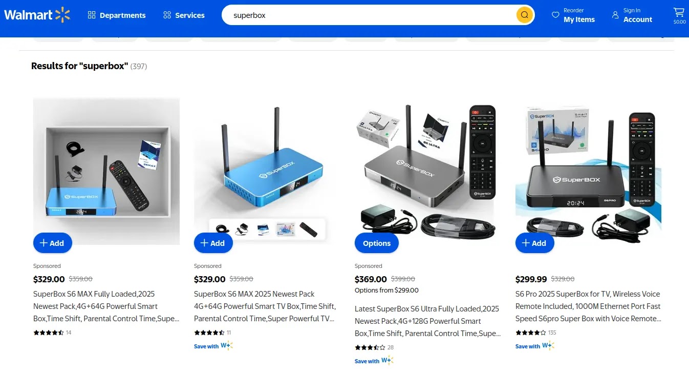 Superbox media streaming boxes for sale on Walmart.com (Source - KrebsOnSecurity)