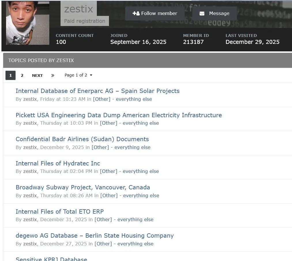The digital persona of 'Zestix,' a threat actor specializing in auctioning corporate cloud access (Source - Infostealers)
