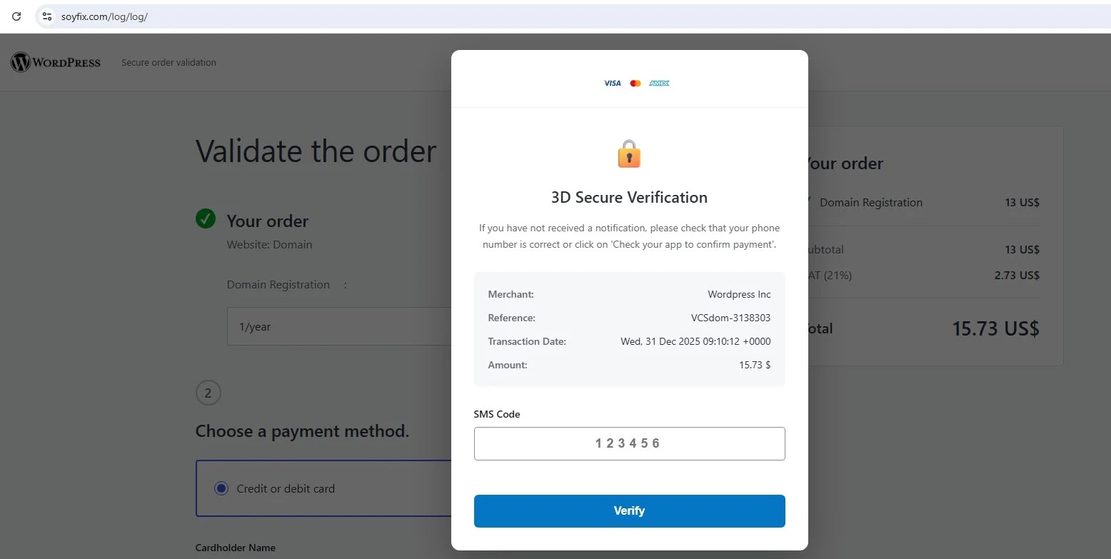 Fake 3-D Secure Verification & OTP Theft (Source - Malwr-Analysis)
