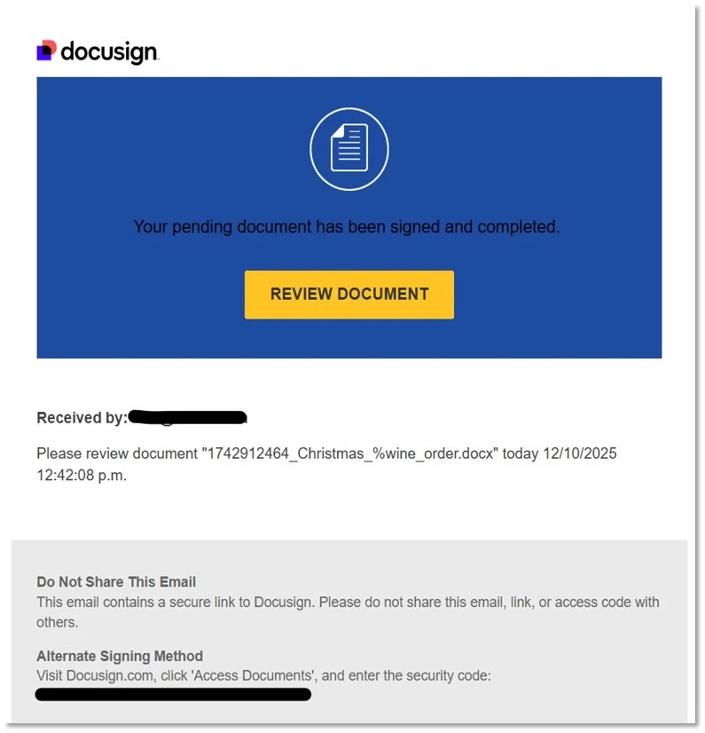 Docusign lure email (Source - Forcepoint)
