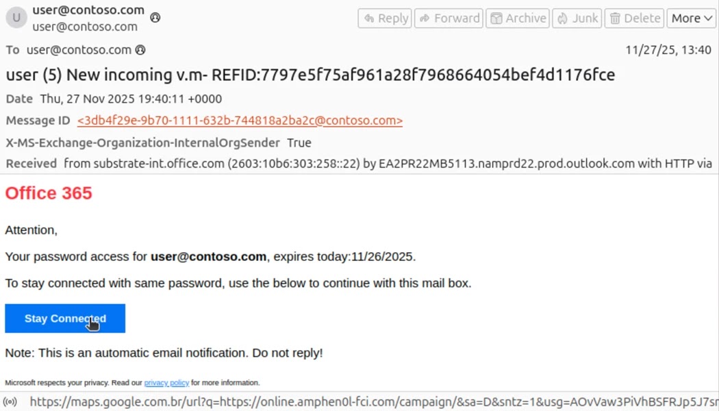 This phishing message uses a 'password expiration' lure masquerading as a communication from Microsoft (Source - Microsoft)