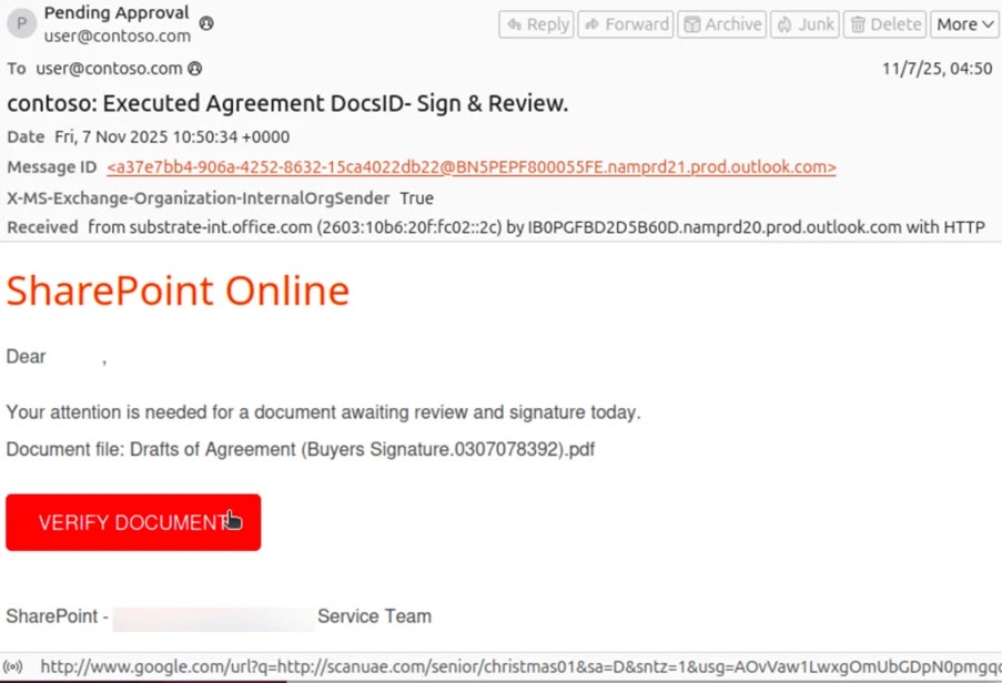 This phishing message uses a 'shared document' lure masquerading as SharePoint (Source - Microsoft)