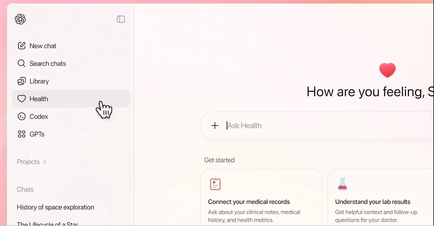 Select ‘Health’ from the sidebar menu in ChatGPT.
