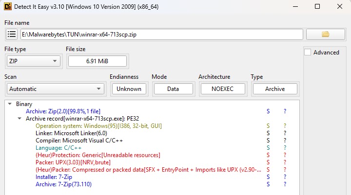 Detect It Easy first analysis - 7-Zip, UPX, SFX (Source - Malwarebytes)