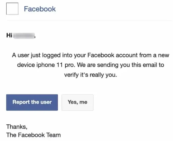 Unauthorized login alert themed Facebook phishing (Source - Trellix)