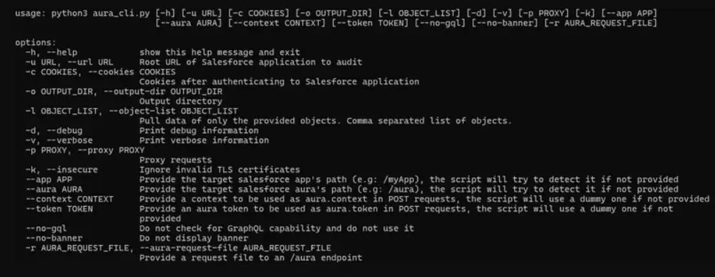 Help message of the AuraInspector tool