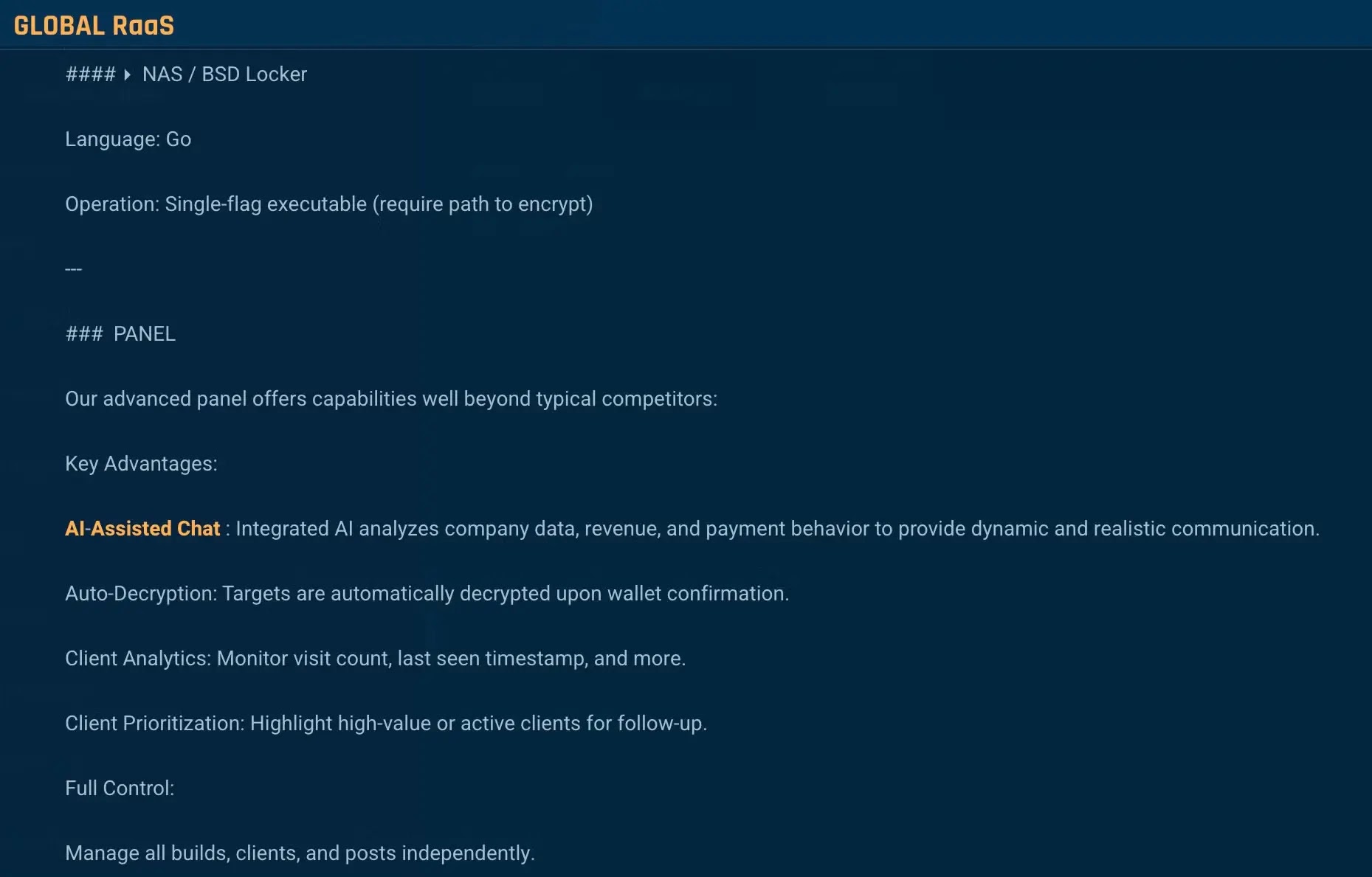 Global RaaS offering Ai-Assisted Chat (Source - SentinelOne Labs)