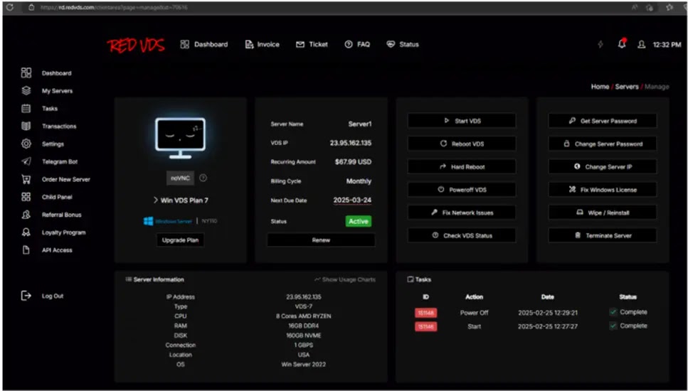 RedVDS’s user dashboard (Source - Microsoft)