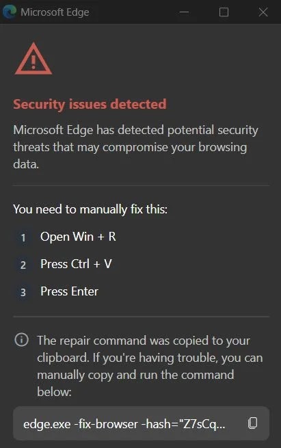 Fake CrashFix pop-up message after 'run scan' (Source - Huntress)
