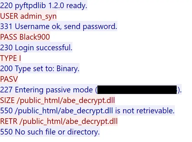 FTP requests showing abe_decrypt.dll being downloaded (Source - Trend Micro)