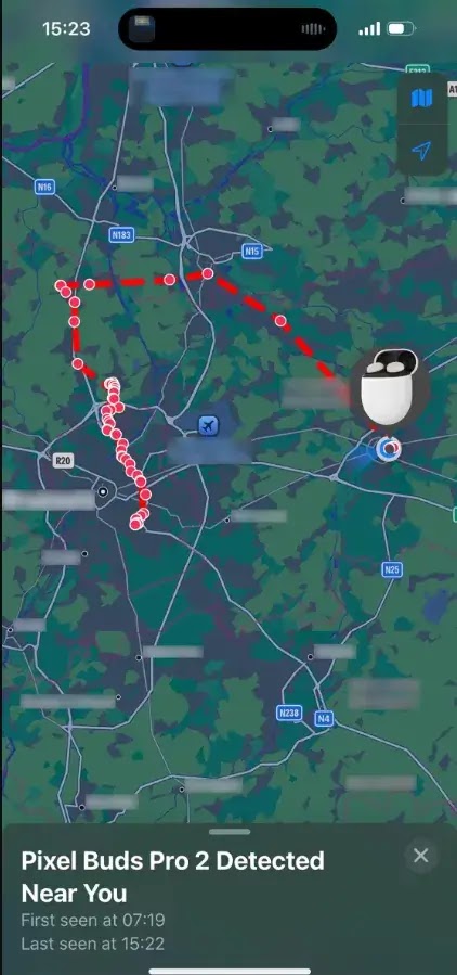 Unwanted tracking notification showing the victim's own device (source : whisperpair )