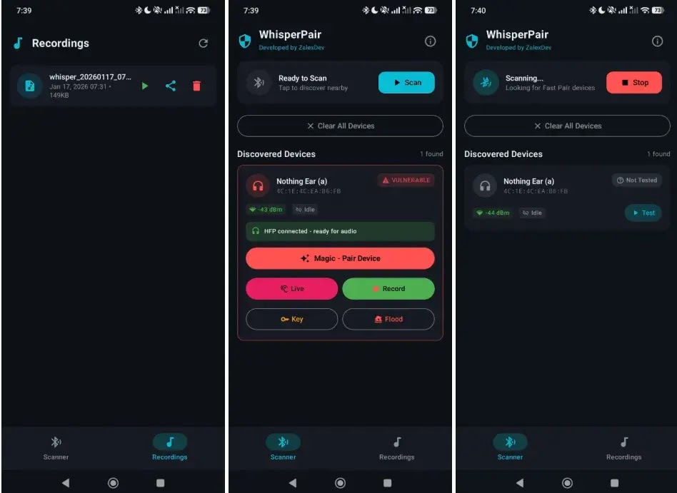 WPair Scanner for WhisperPair Flaw (source : GitHub )