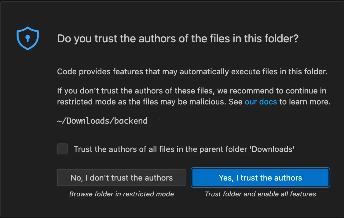 Visual Studio Code prompts the user to trust the repository author (Source - Jamf)