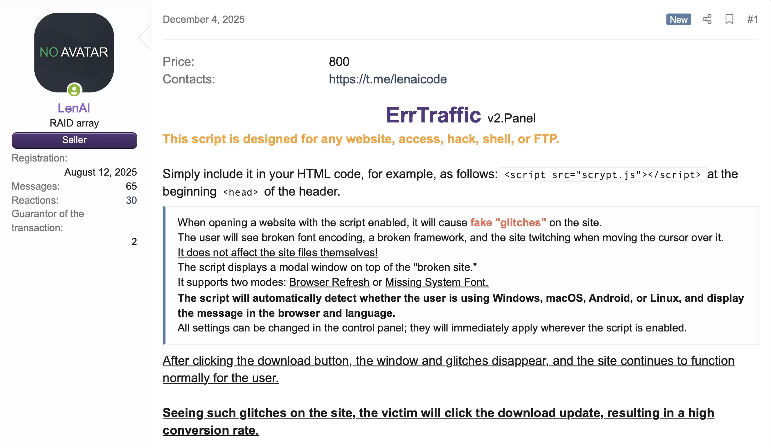 Forum post listing ErrTraffic v2 for sale (Source - Censys)