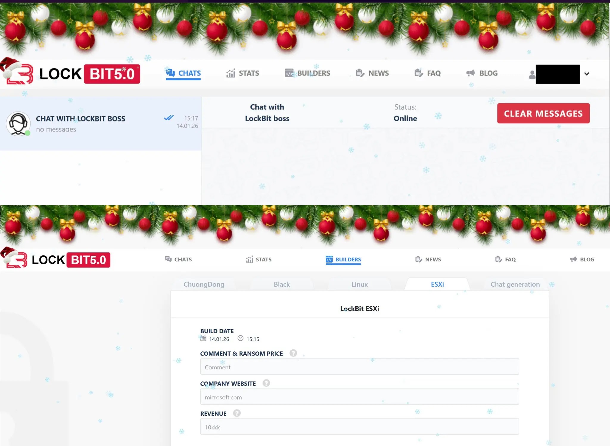 Screenshots of LockBit’s internal infrastructure with a holiday theme (Source - Flare)