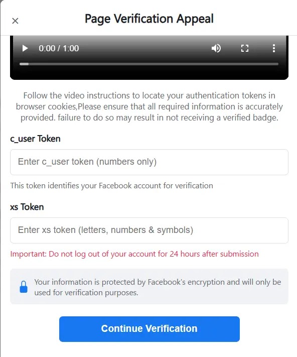 A form to get Facebook Authentication tokens from victims to continue the verification process (Source - Hunt.io)