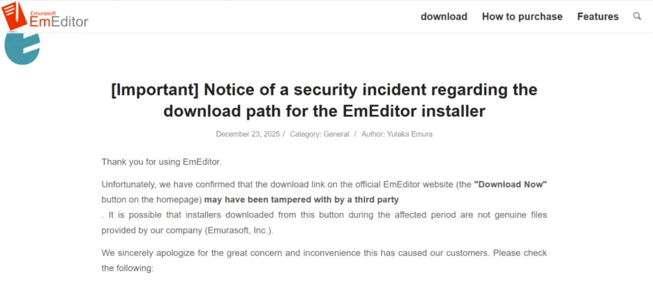 EmEditor posting an advisory regarding the compromise to their webpage (Source - Trend Micro)