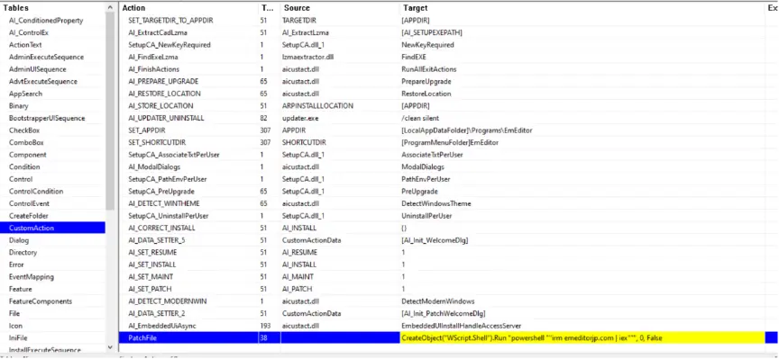 The compromised installer file has its CustomAction script modified to execute a malicious command (Source - Trend Micro)
