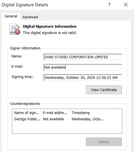 Invalid Digital Signature of game-float-core.dll (Source - Esentire)