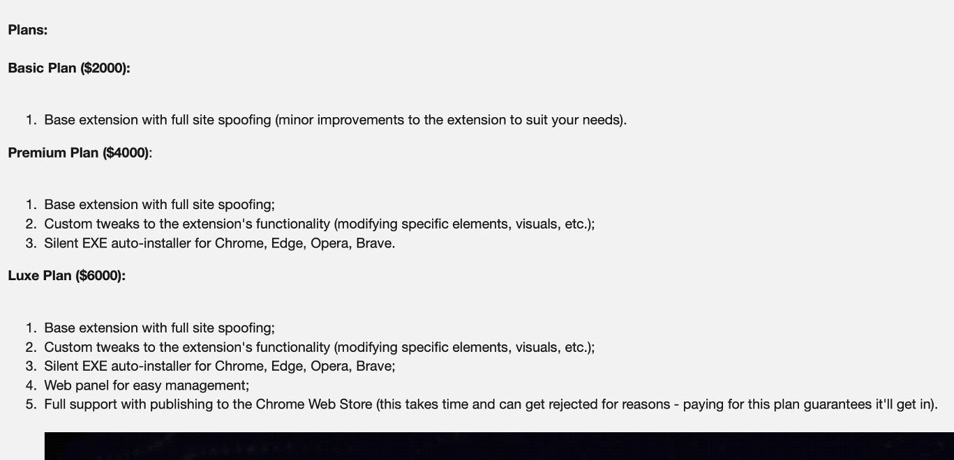 Stanley's pricing, with the top-tier guaranteeing Chrome Web Store publication (Source - Varonis)