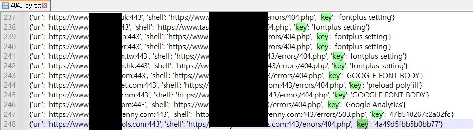 Structured log entries listing victim URLs, deployed web shell paths, and control keys, 404_key.txt (Source - Oasis Security)