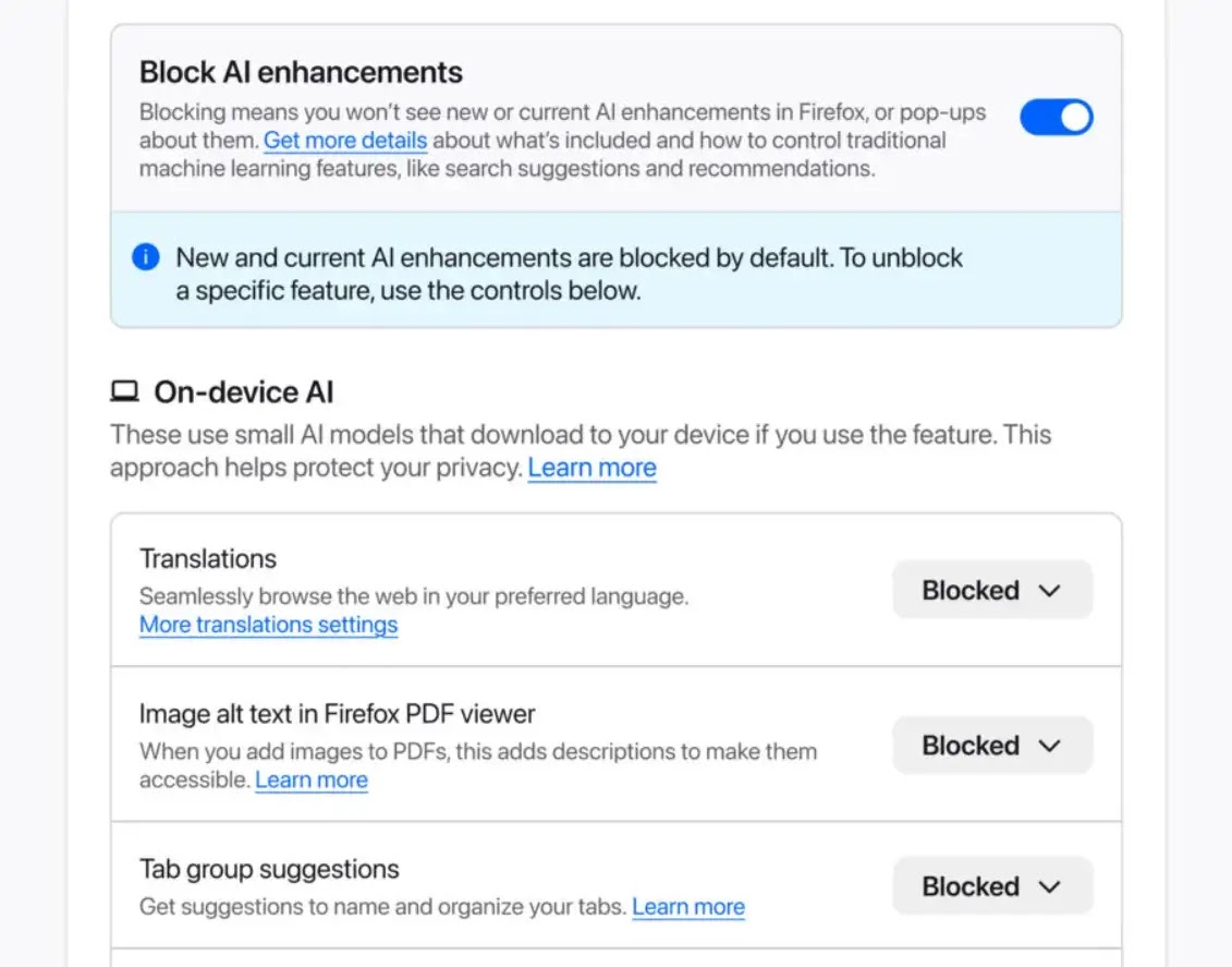 Firefox AI controls overview( source : mozilla)
