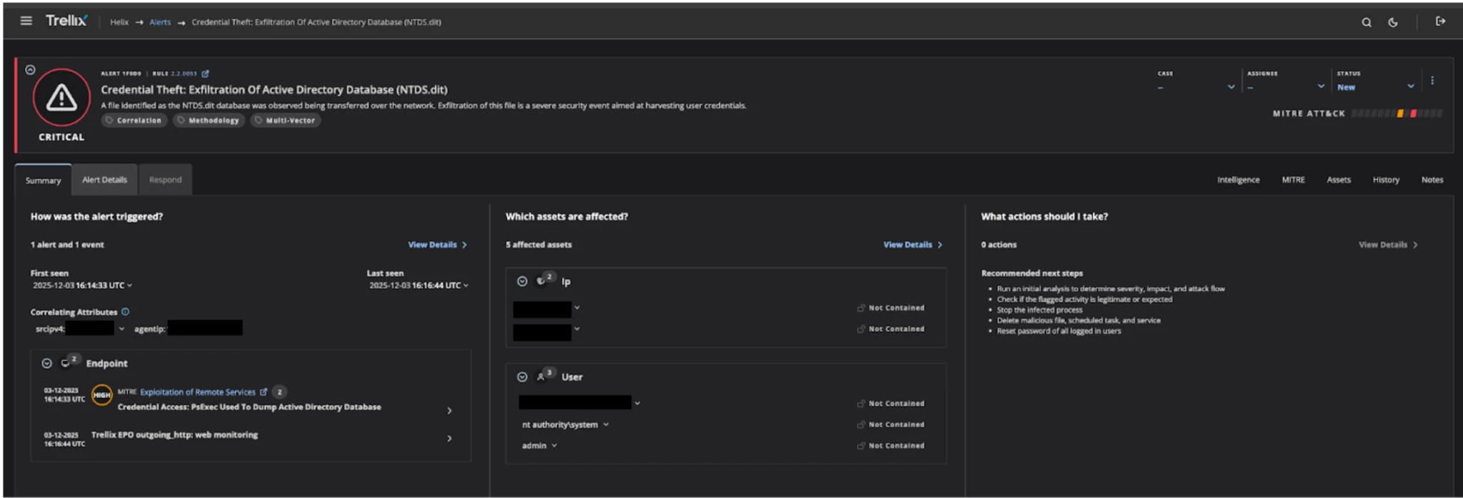 Trellix Helix alert view - Exfiltration of NTDS.dit (Source - Trellix)