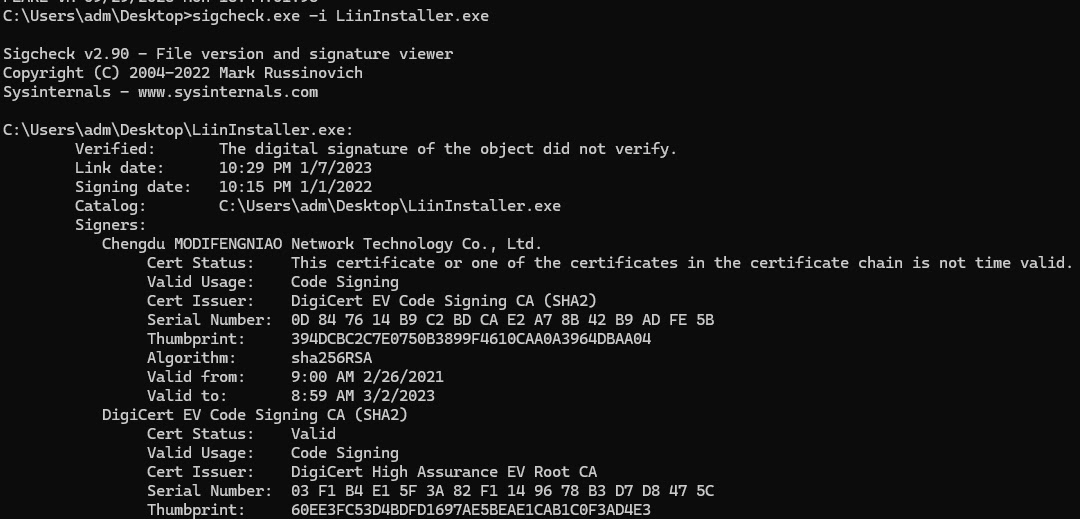 Execution result of sysinternal tool sigcheck.exe (Source - Cybereason)