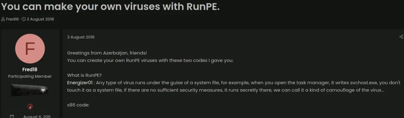 Thread advertising the RunPE utility on turkhackteam (Source - Intrinsec)
