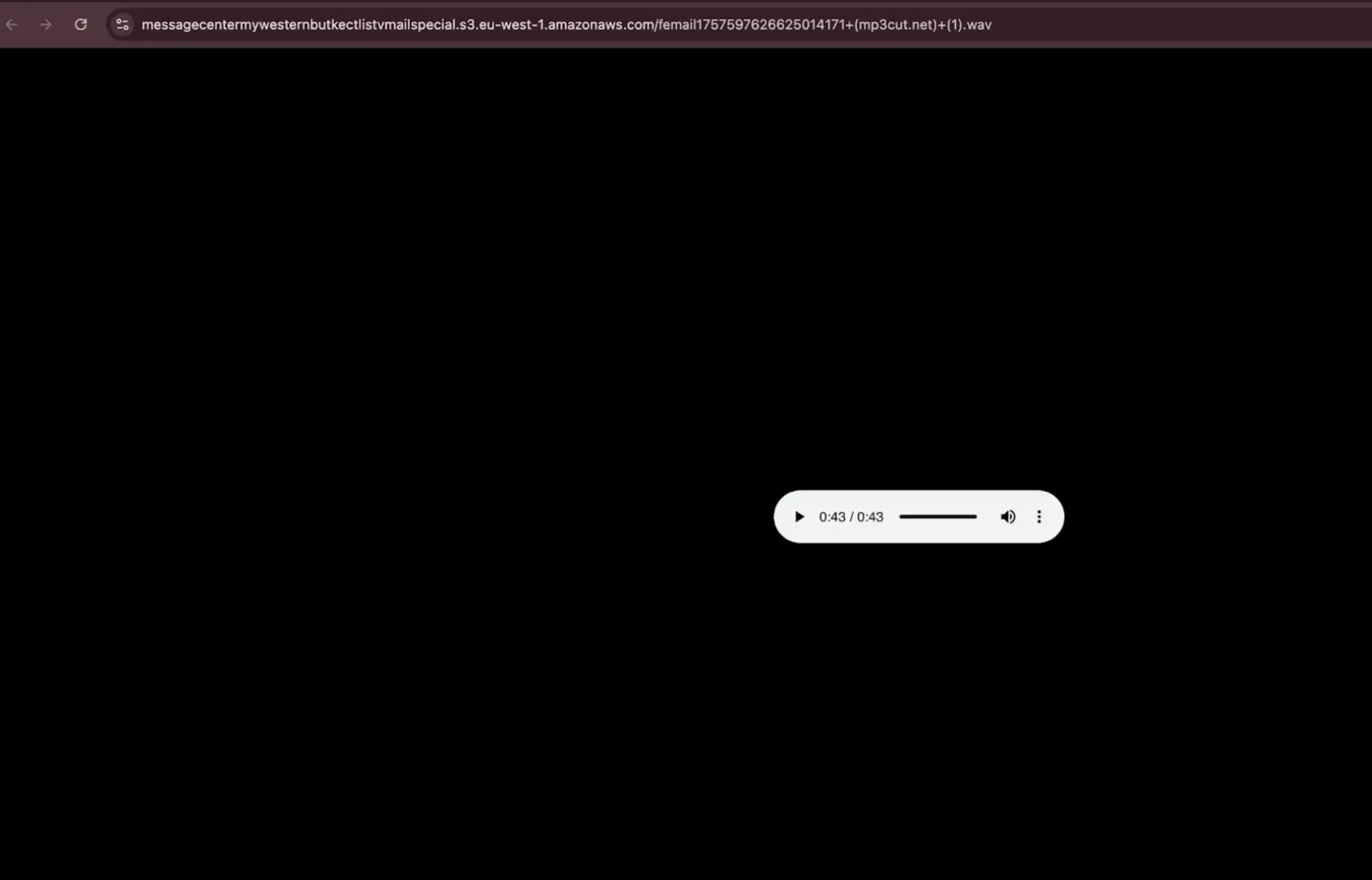 Audio lure opened in a web browser, showing the voicemail audio file hosted on Amazon S3 (Source - Censys)