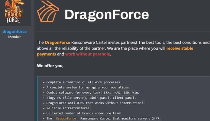 DragonForce’s list of key features posted on a dark web forum (Source - LevelBlue)
