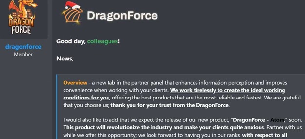DragonForce’s announcement of its new DragonForce – Atom product (Source - LevelBlue)