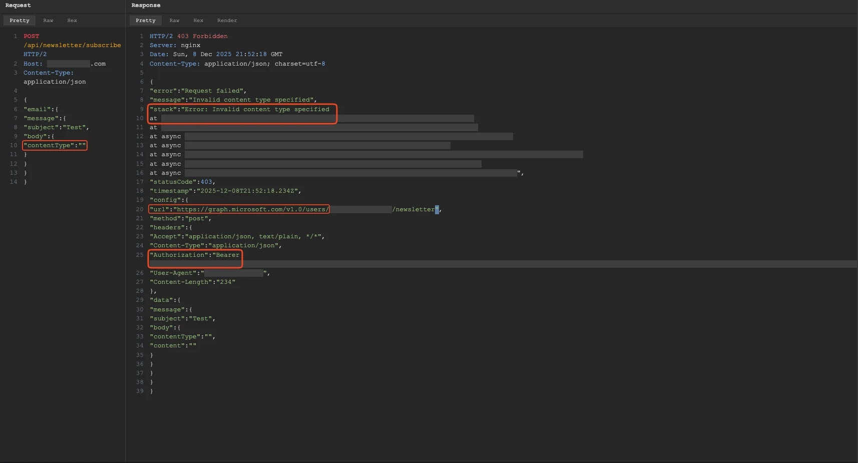 Malformed request triggering a verbose error response containing an OAuth token (Source - Praetorian)