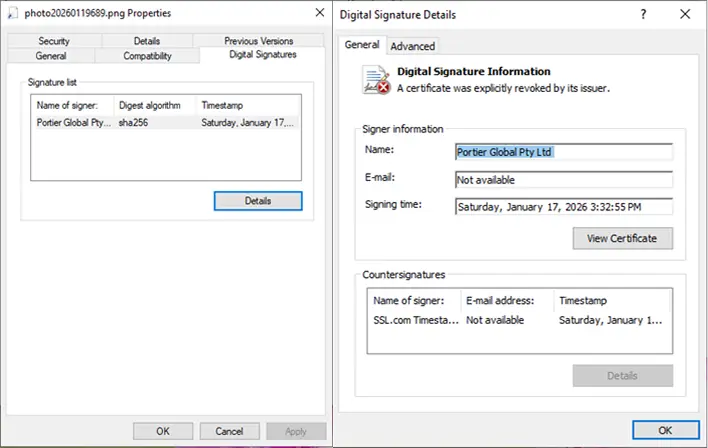 Digital Signature Details showing the valid timestamp (Source - CyStack)
