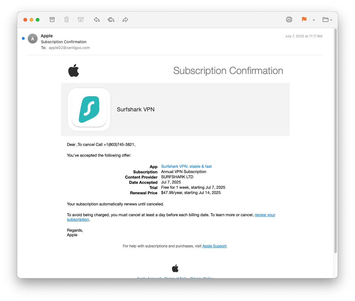 App Store invoice abused by DKIM replay attack (Source - Kaseya)