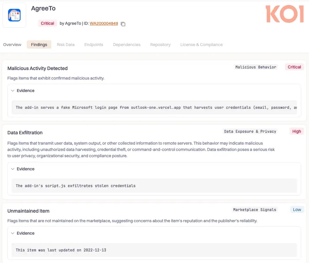 Koidex report for AgreeTo add-in (Source: Koi AI)