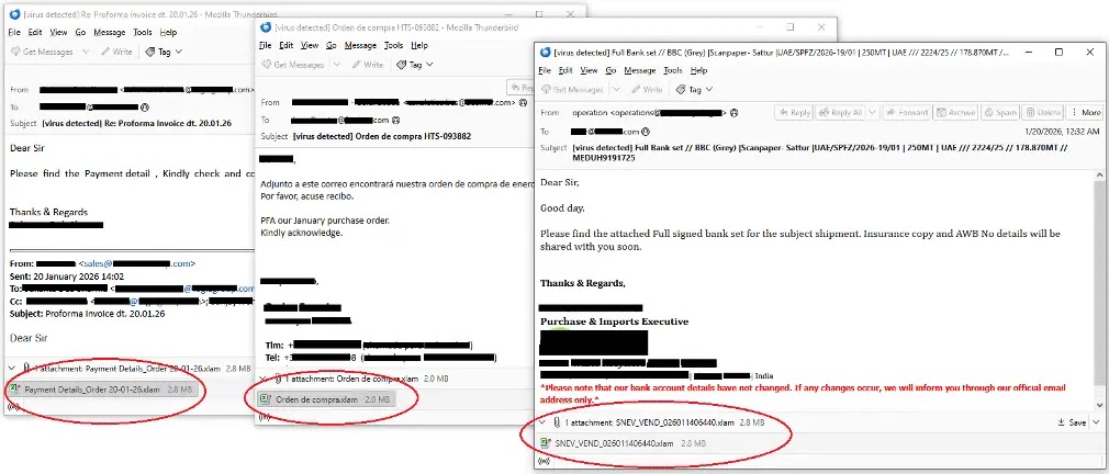 Examples of phishing emails used in the XWorm campaign (Source - Fortinet)