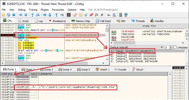 Execution of the downloaded HTA file via ShellExecuteExW() (Source - Fortinet) 