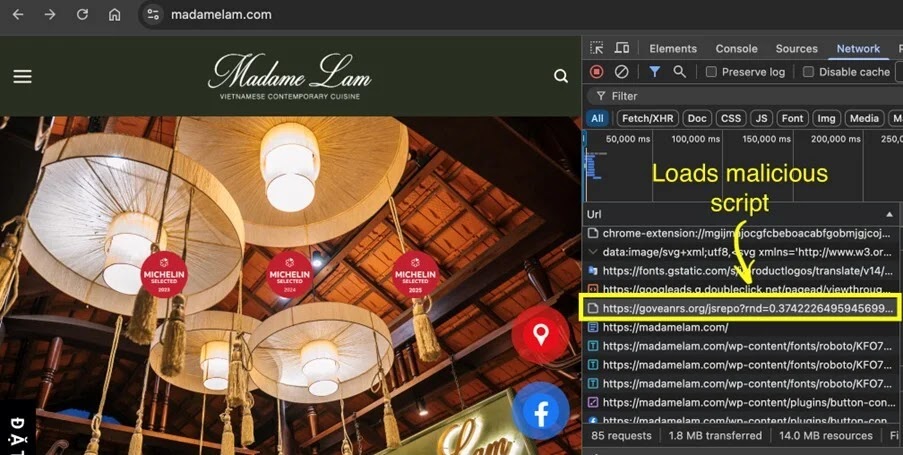 The compromised website loads a malicious script (Source - LavelBlue)