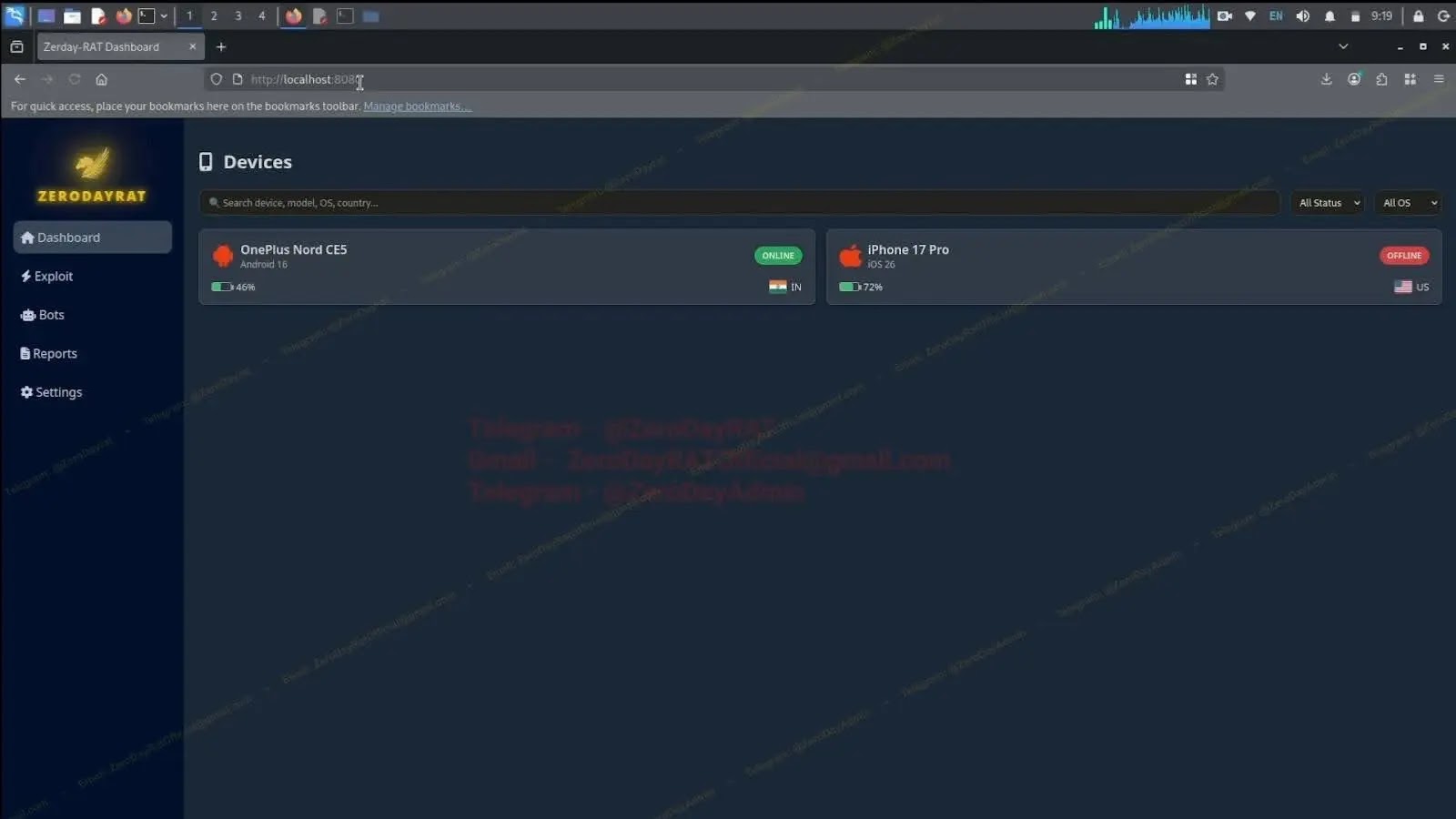 ZeroDayRAT's dashboard with two devices, one in India and the US (Source - iVerify)