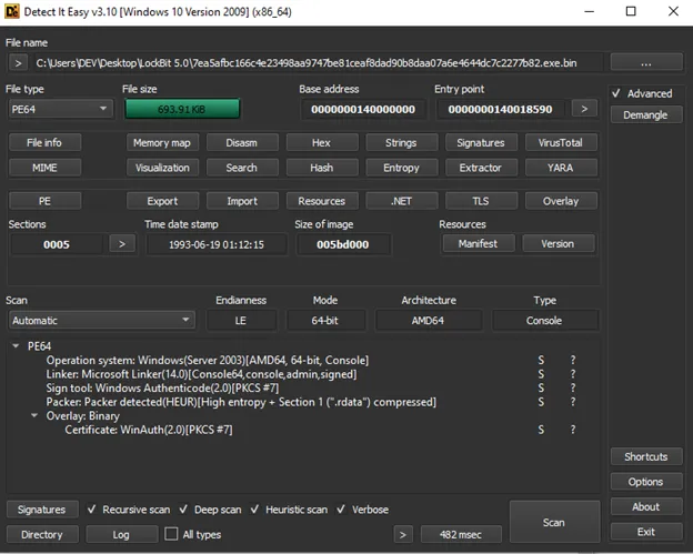 Detect It Easy shows that the ‘.rdata’ section is compressed (Source - Acronis)