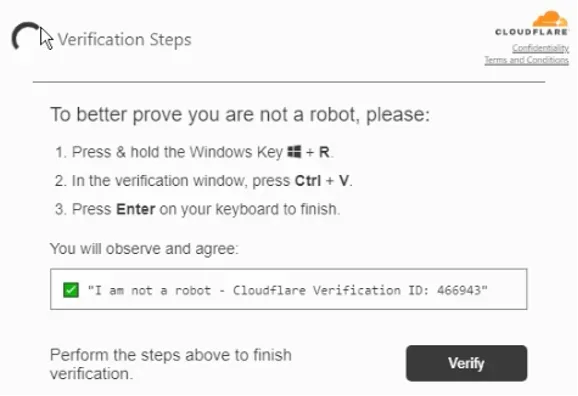 ClickFix lure that incorporates a fake Cloudflare Turnstile verification page (Source - Reliaquest)