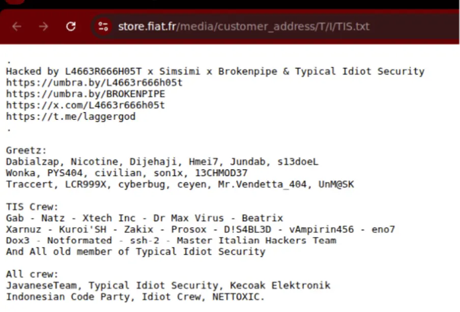 Example defacement page displaying attacker aliases and “greetz” message (Source - Netcraft)